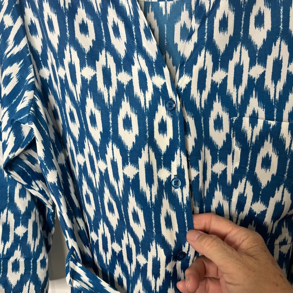 Maeve Anthropologie Dress Size Medium Blue White Ikat Tie Waist Mini - Picture 7 of 12